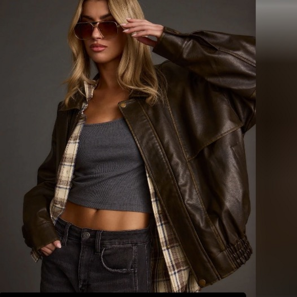 Shop12thtribe London Calling Brown Oversized Faux Leather Jacket - Picture 2 of 6